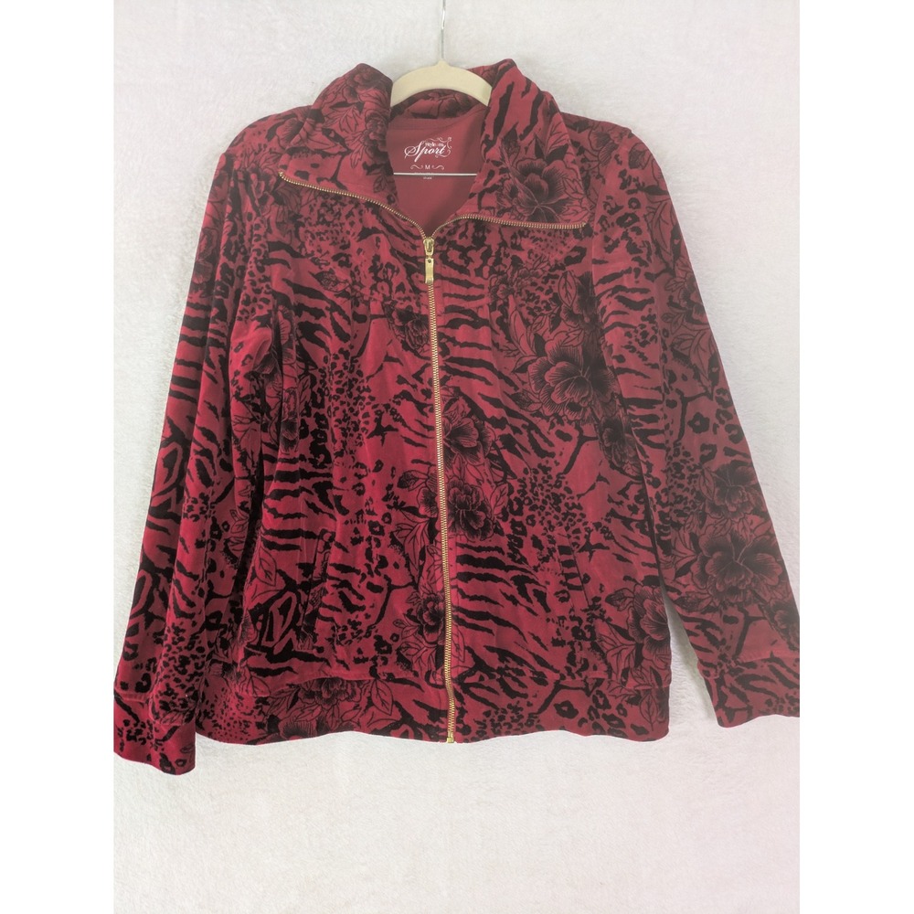 Style & Co Sport Jacket Women's M Red Animal Floral Print Velour Full Zip Mock